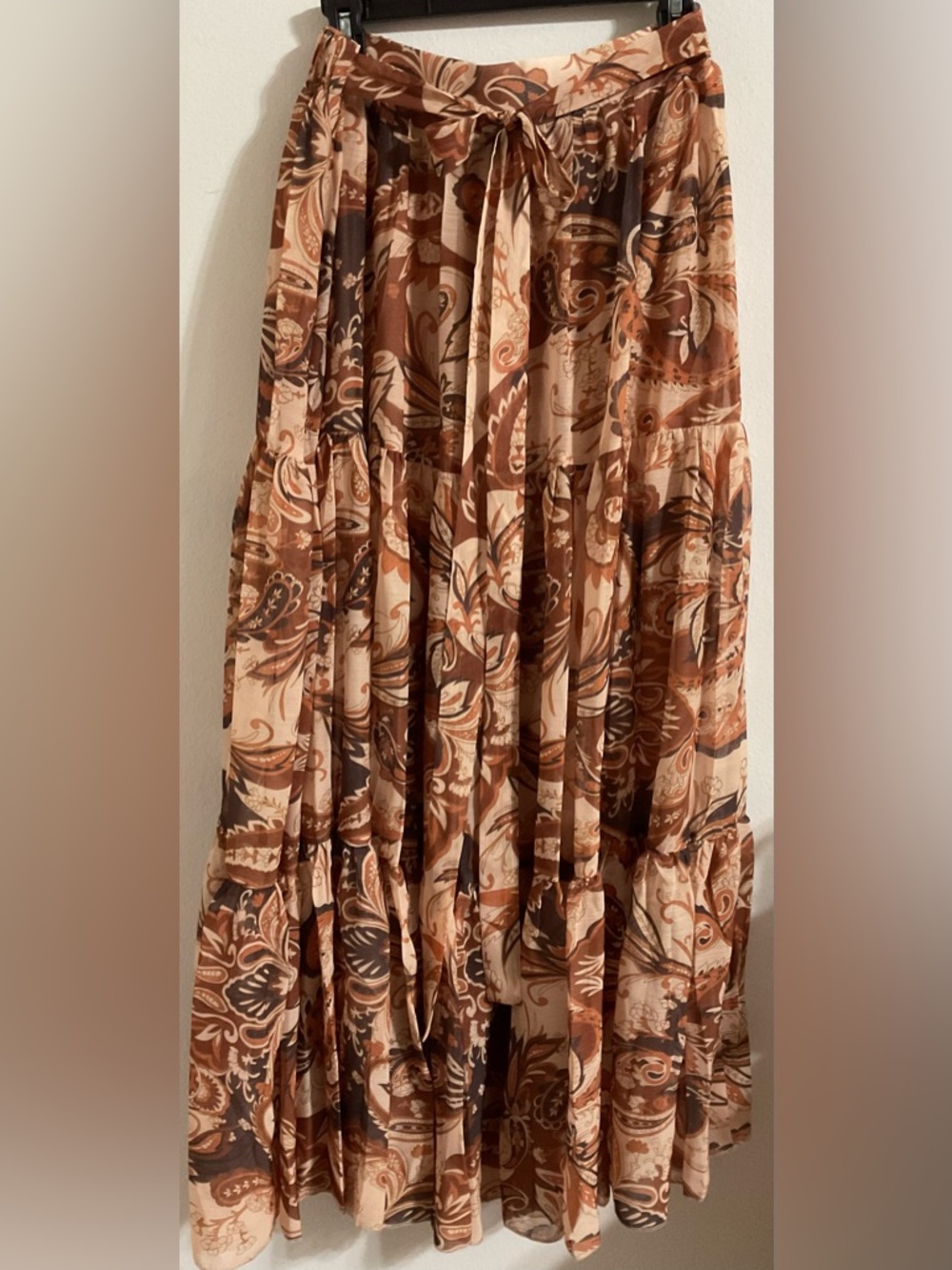 NWT - Commense Boho Print Chiffon Maxi Lined Skirt, Brown Paisley, Large